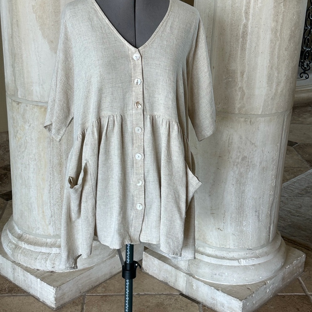 Princess Polly Linen-Blend Button Front Pocket Tunic in Beige